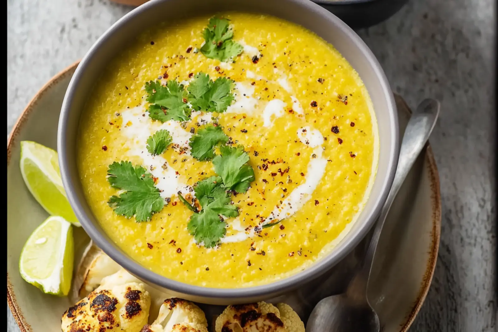 Cauliflower Turmeric Anti Inflammatory Soup recipe, served and ready to eat, easy homemade dinner