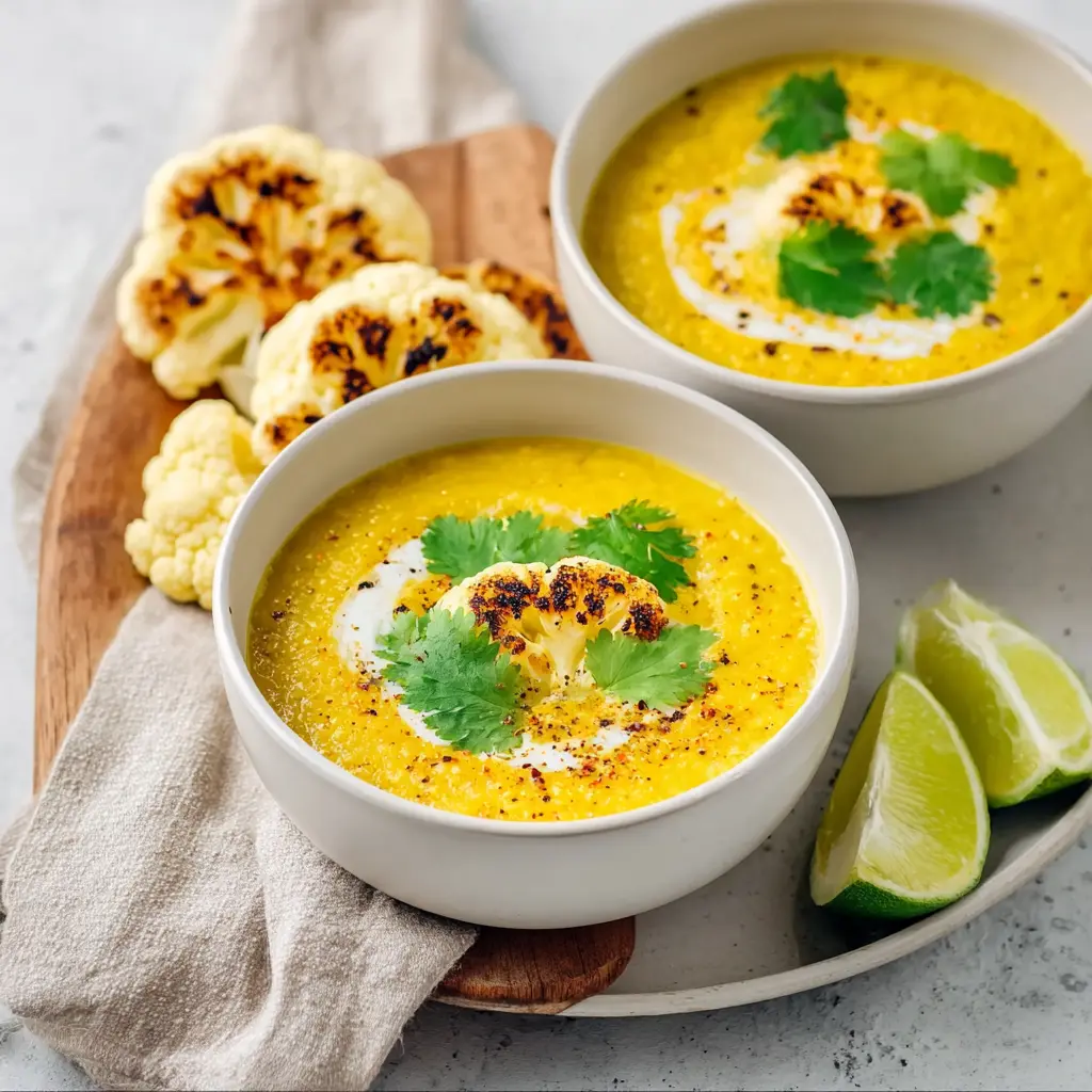 Cauliflower Turmeric Anti Inflammatory Soup recipe, served and ready to eat, easy homemade dinner