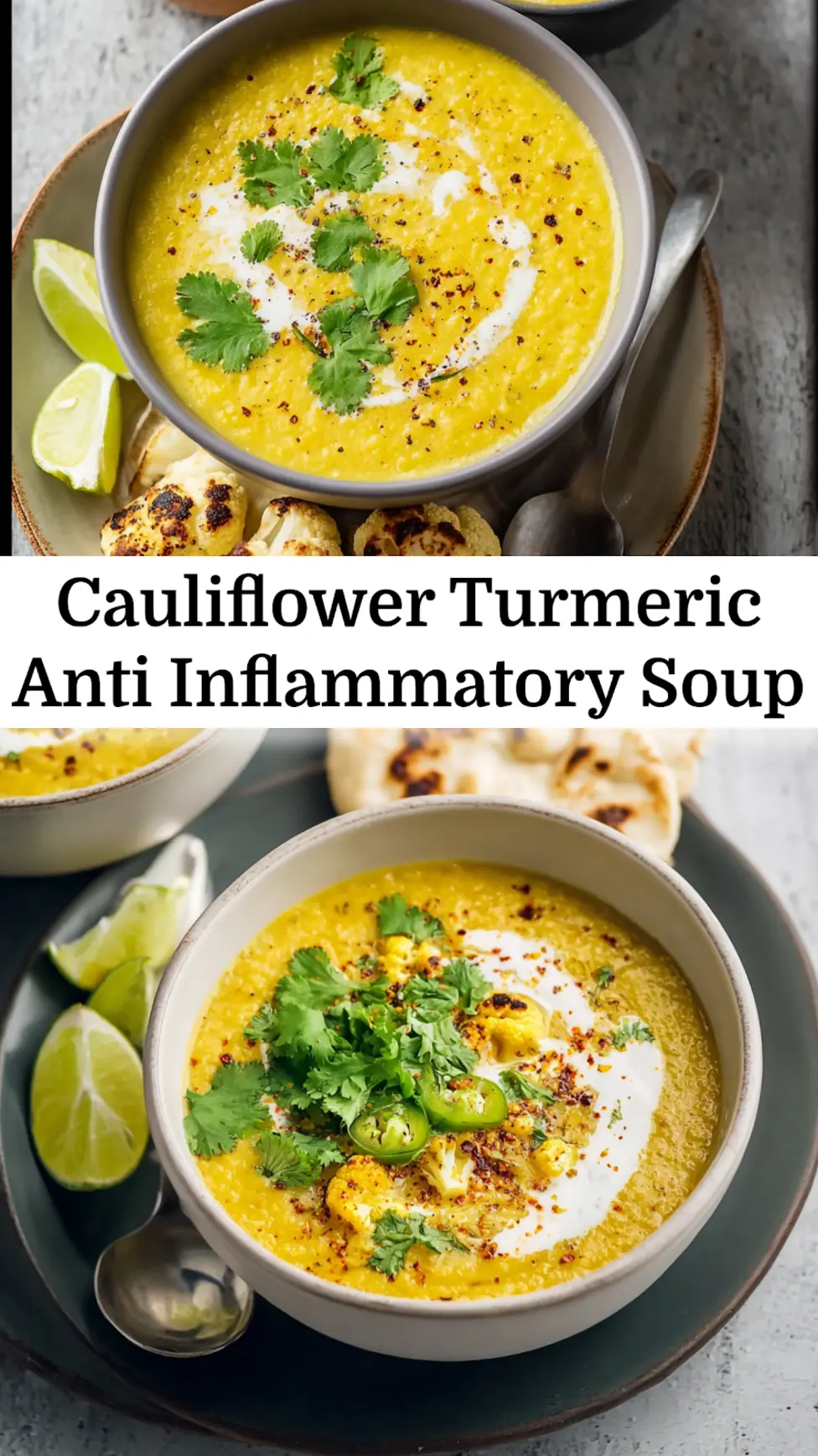 Cauliflower Turmeric Anti Inflammatory Soup recipe, served and ready to eat, easy homemade dinner