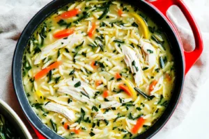Spring Chicken Soup Lemon Orzo Comforting Fresh Homemade Chicken Soup Lemon Orzo recipe, served and ready to eat, easy homemade dinner