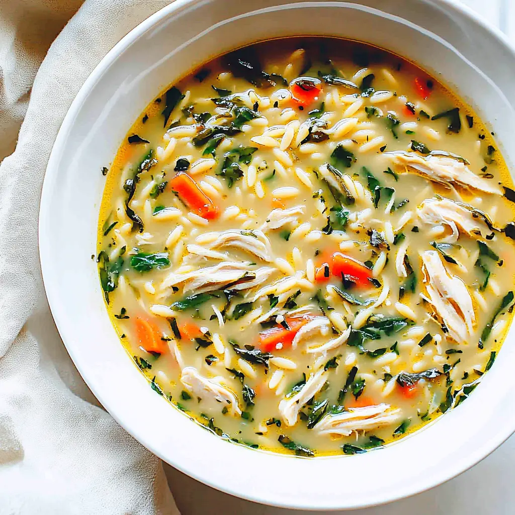 Chicken Soup Lemon Orzo recipe, served and ready to eat, easy homemade dinner