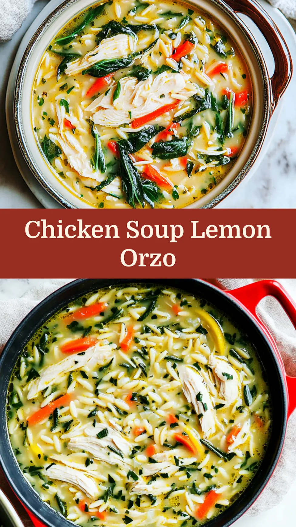 Chicken Soup Lemon Orzo recipe, served and ready to eat, easy homemade dinner