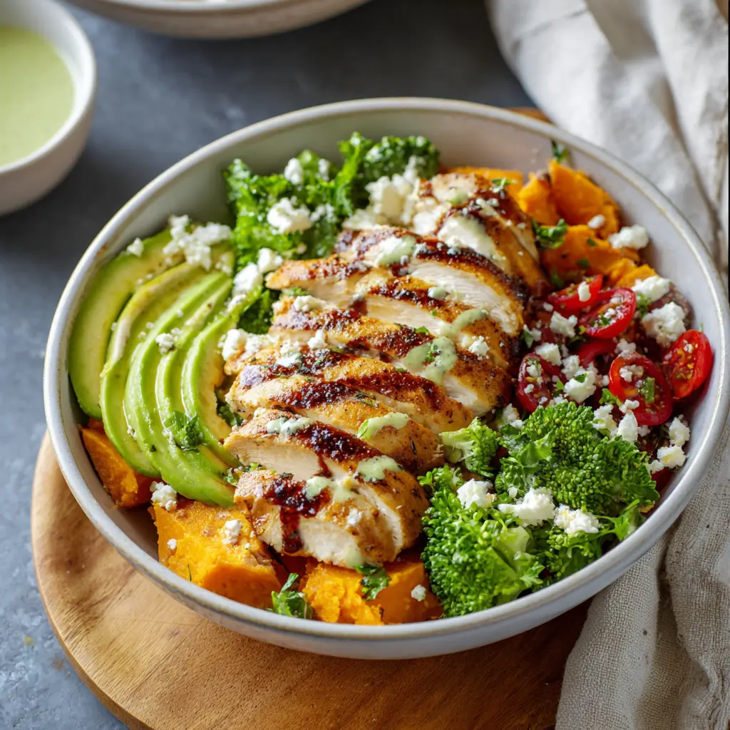 Chicken Sweet Potato Bowl recipe, served and ready to eat, easy homemade dinner