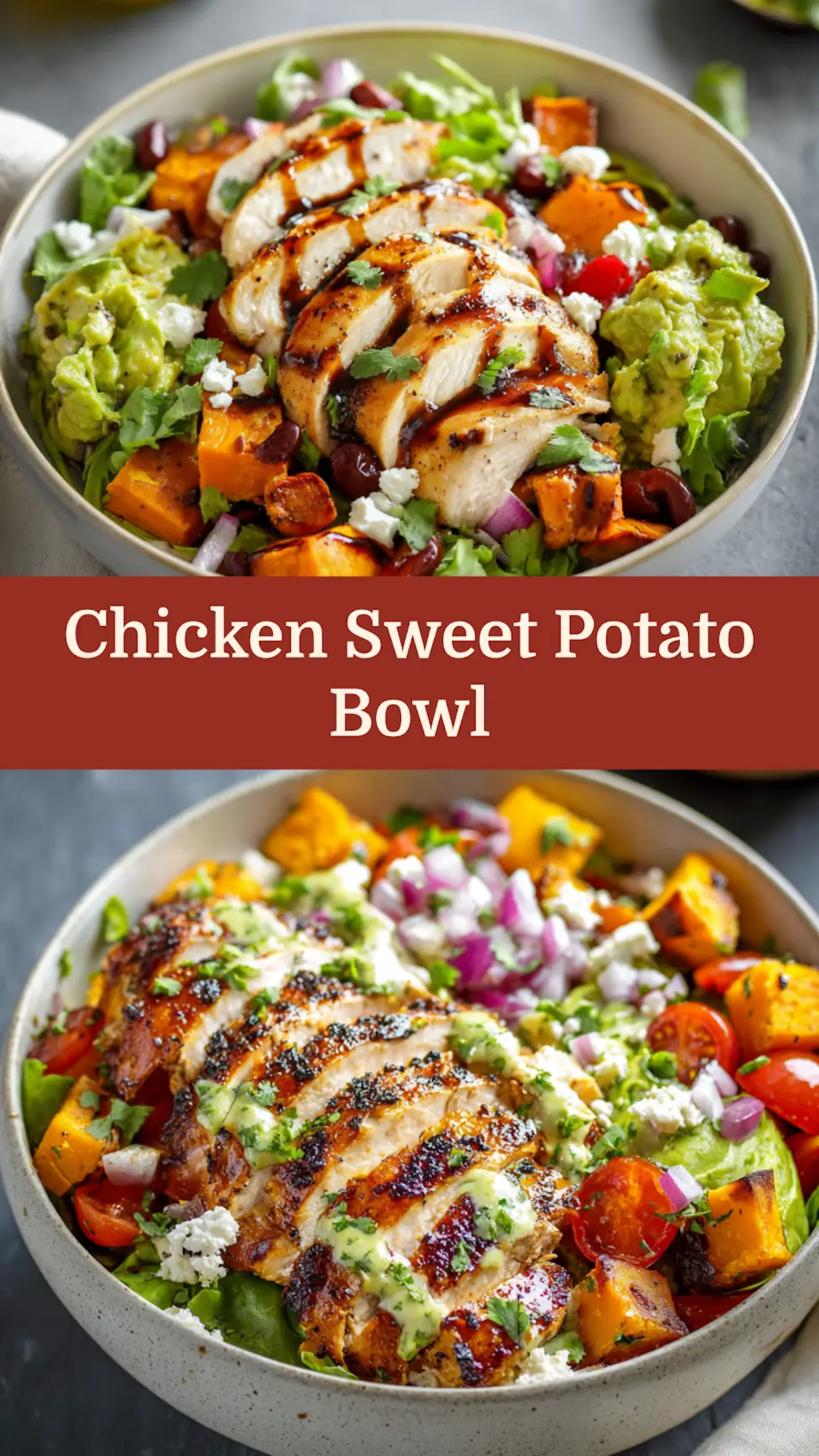 Chicken Sweet Potato Bowl recipe, served and ready to eat, easy homemade dinner
