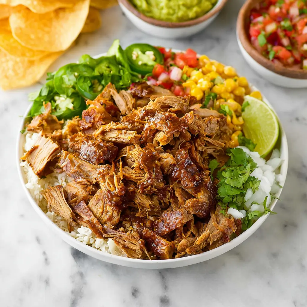Chipotle Carnitas Bowl recipe, served and ready to eat, easy homemade dinner