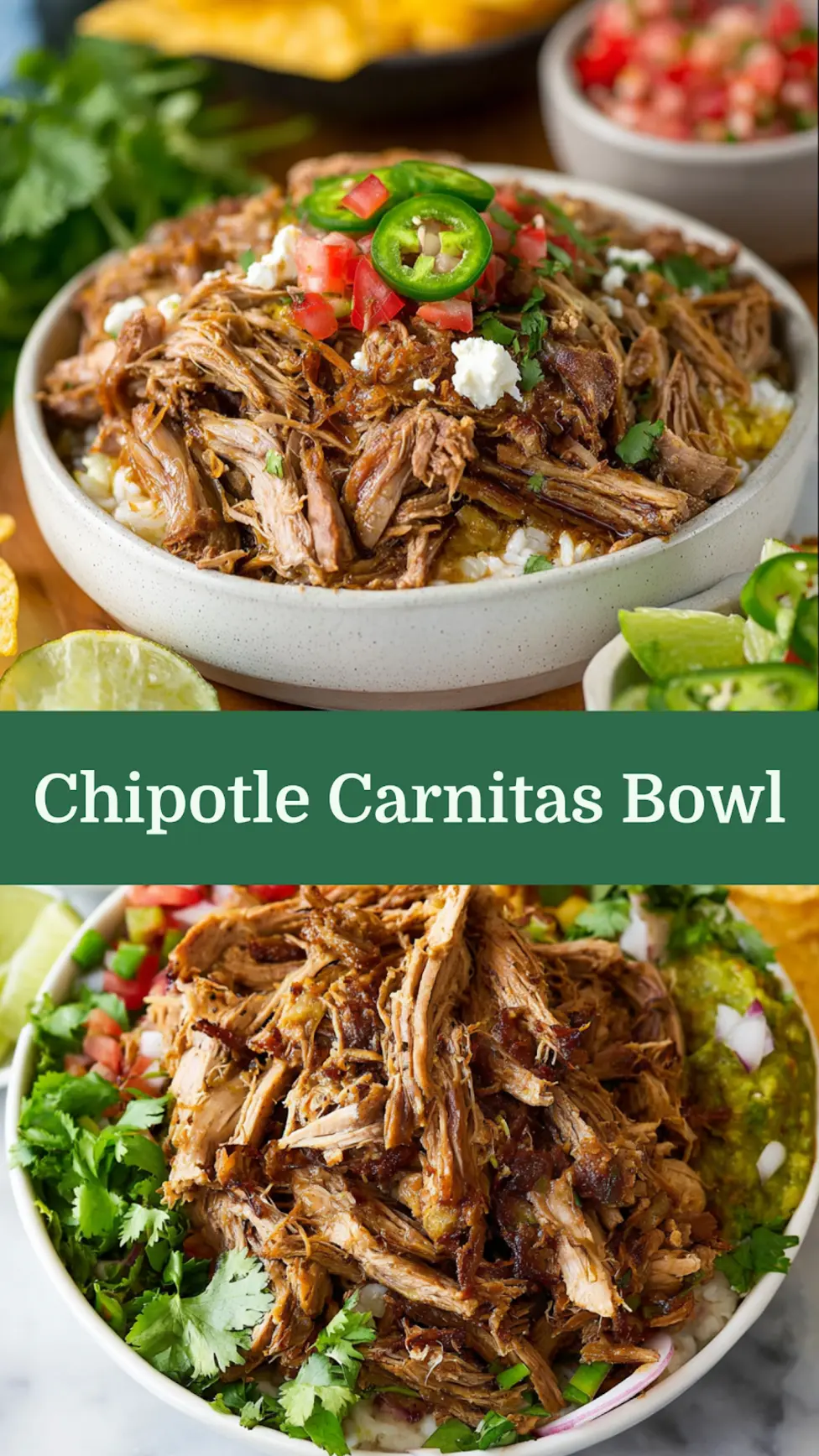 Chipotle Carnitas Bowl recipe, served and ready to eat, easy homemade dinner