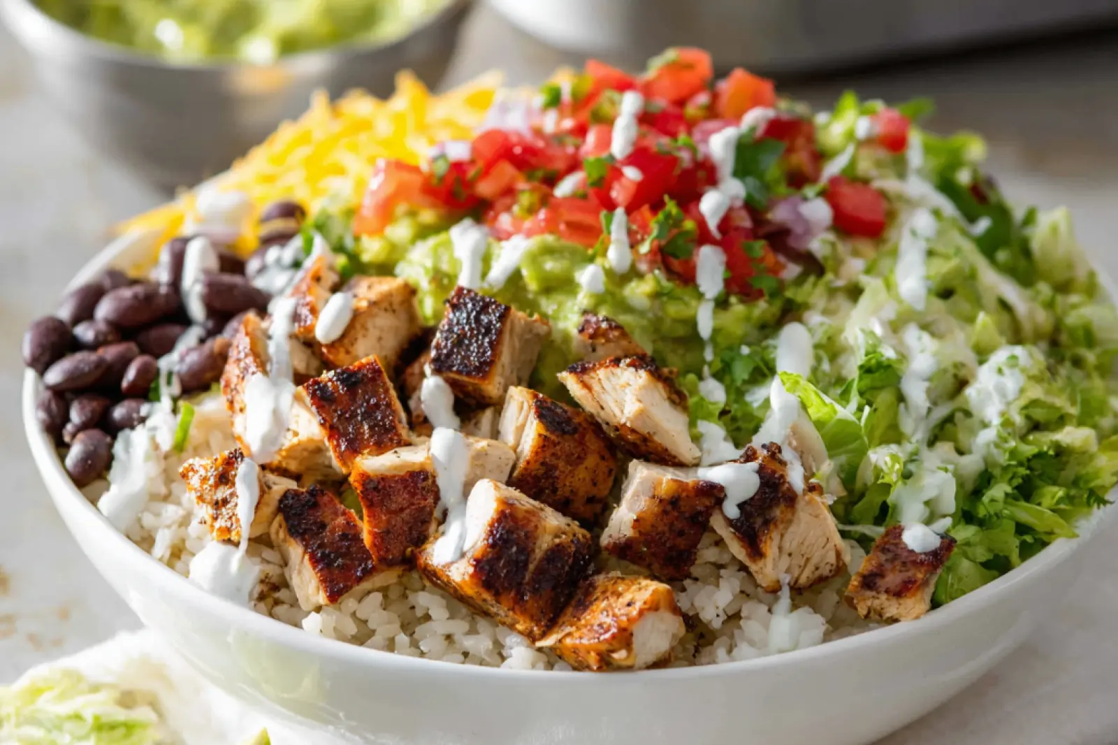 Chipotle Chicken Bowl recipe, served and ready to eat, easy homemade dinner