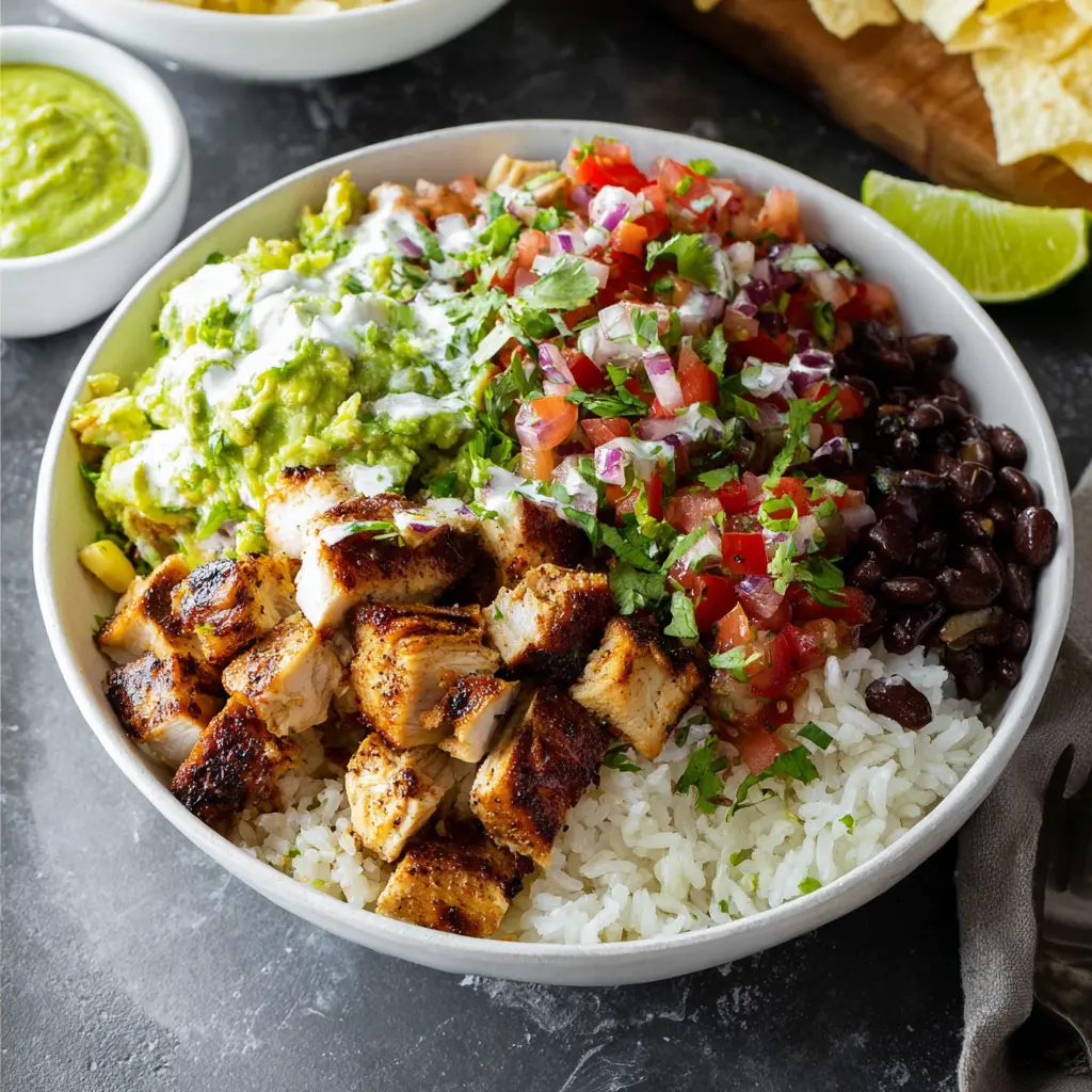 Chipotle Chicken Bowl recipe, served and ready to eat, easy homemade dinner