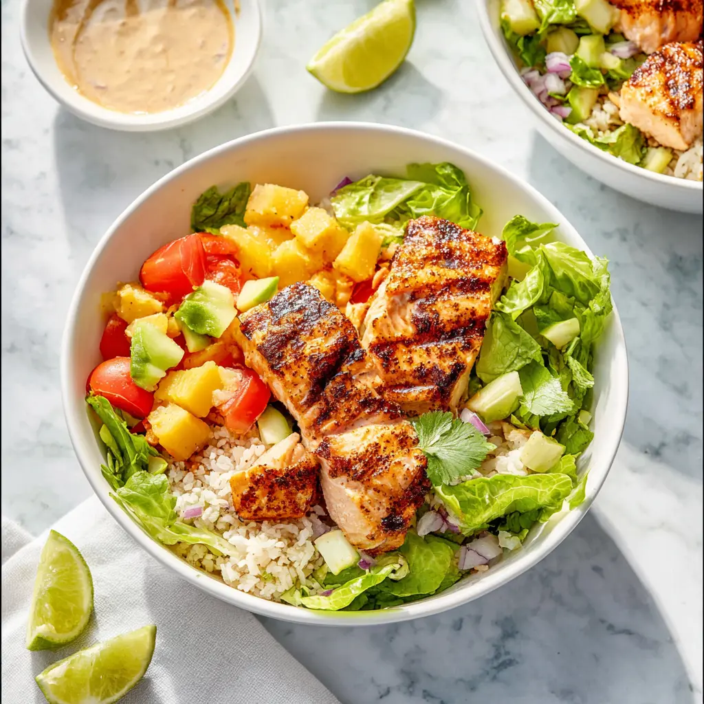Chipotle Honey Salmon Bowl recipe, served and ready to eat, easy homemade dinner