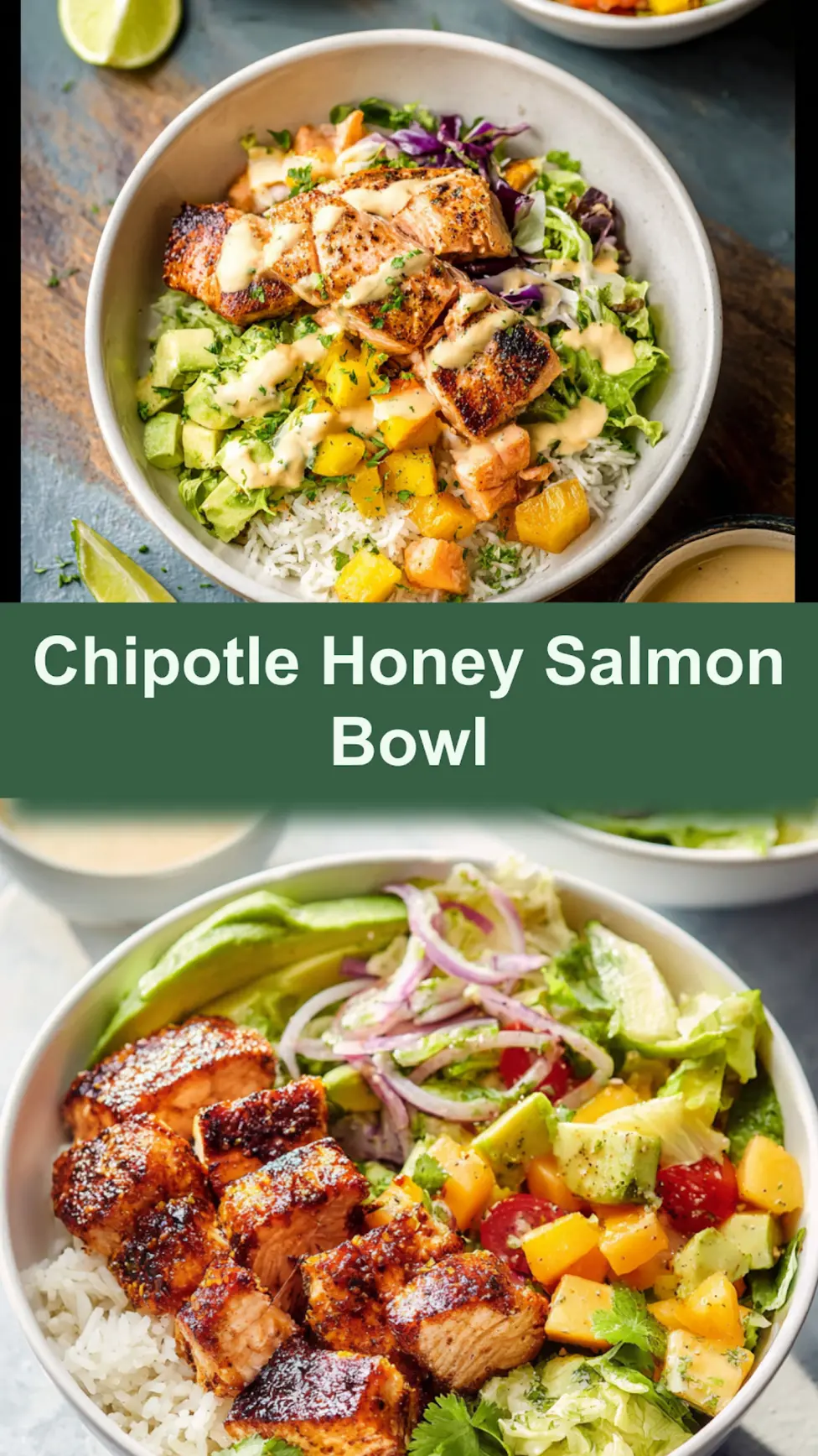 Chipotle Honey Salmon Bowl recipe, served and ready to eat, easy homemade dinner