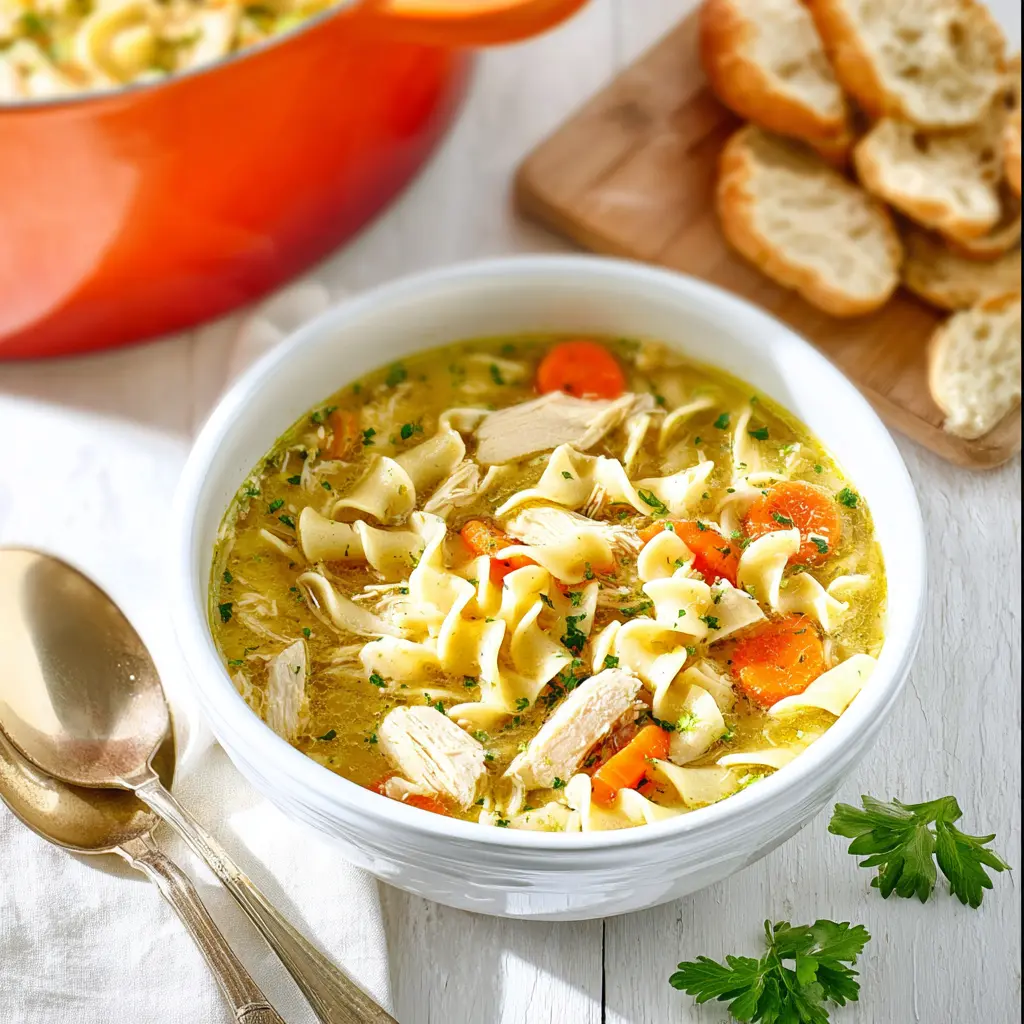 Copycat Panera Chicken Noodle Soup recipe, served and ready to eat, easy homemade dinner