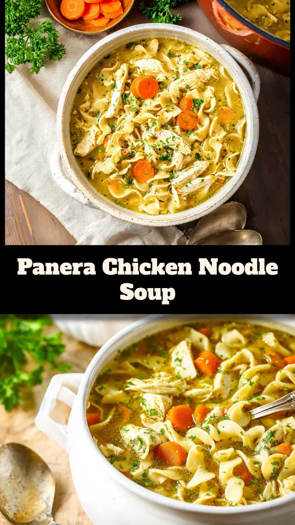 Copycat Panera Chicken Noodle Soup recipe, served and ready to eat, easy homemade dinner