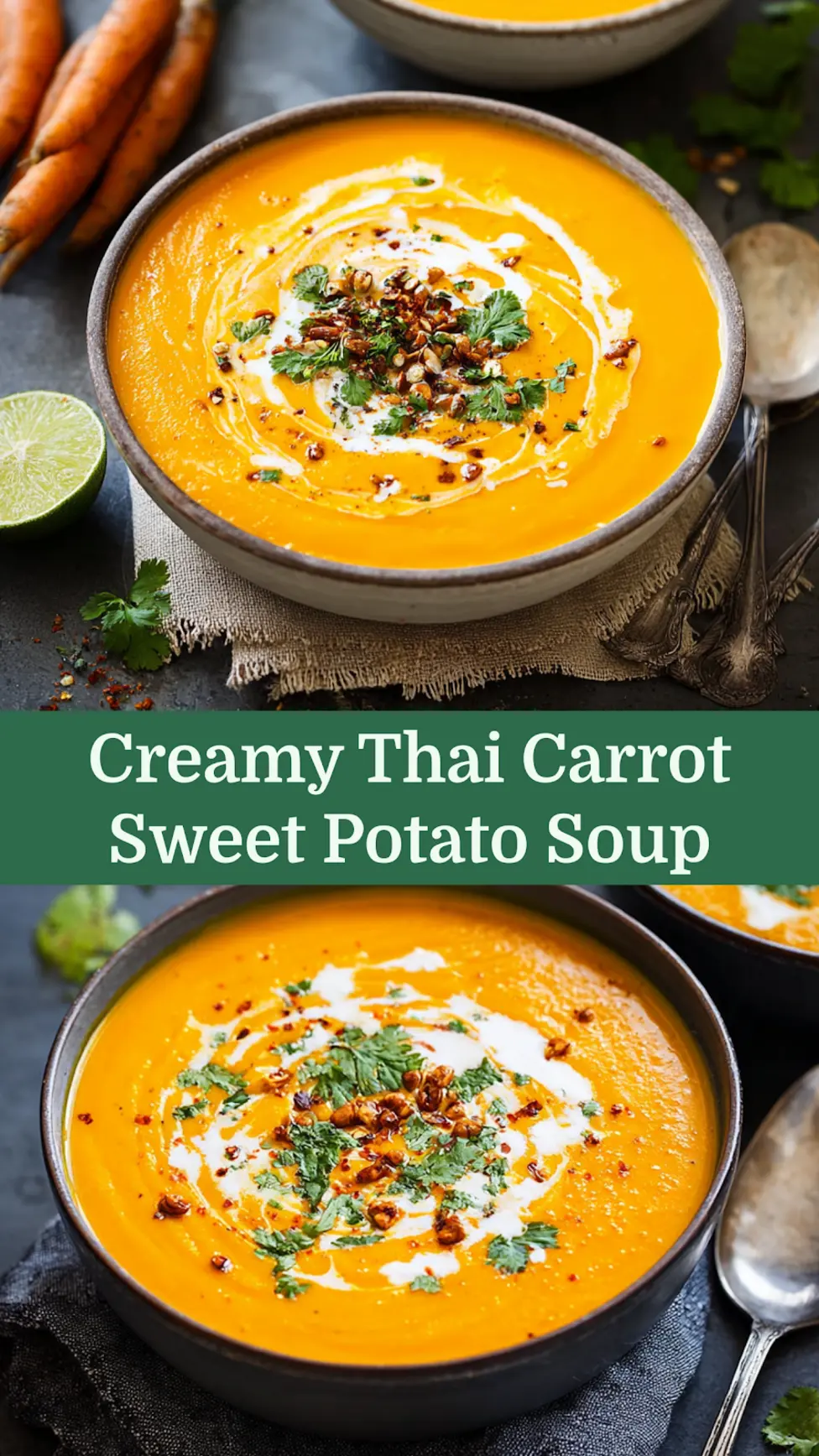 Creamy Thai Carrot Sweet Potato Soup Your Cozy Easy Weeknight 4 Creamy Thai Carrot Sweet Potato Soup recipe, served and ready to eat, easy homemade dinner