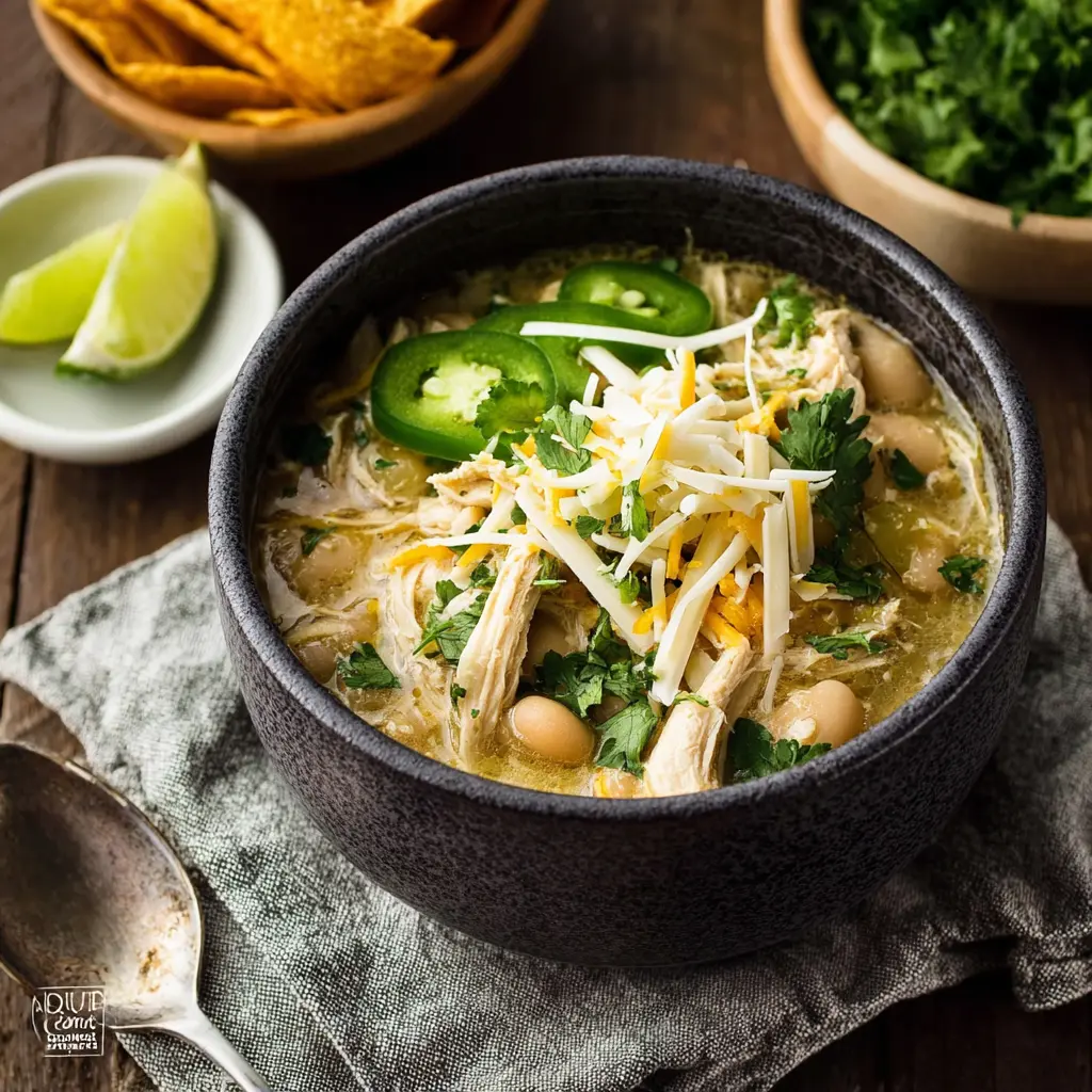 Crockpot White Chicken Chili High Protein recipe, served and ready to eat, easy homemade dinner