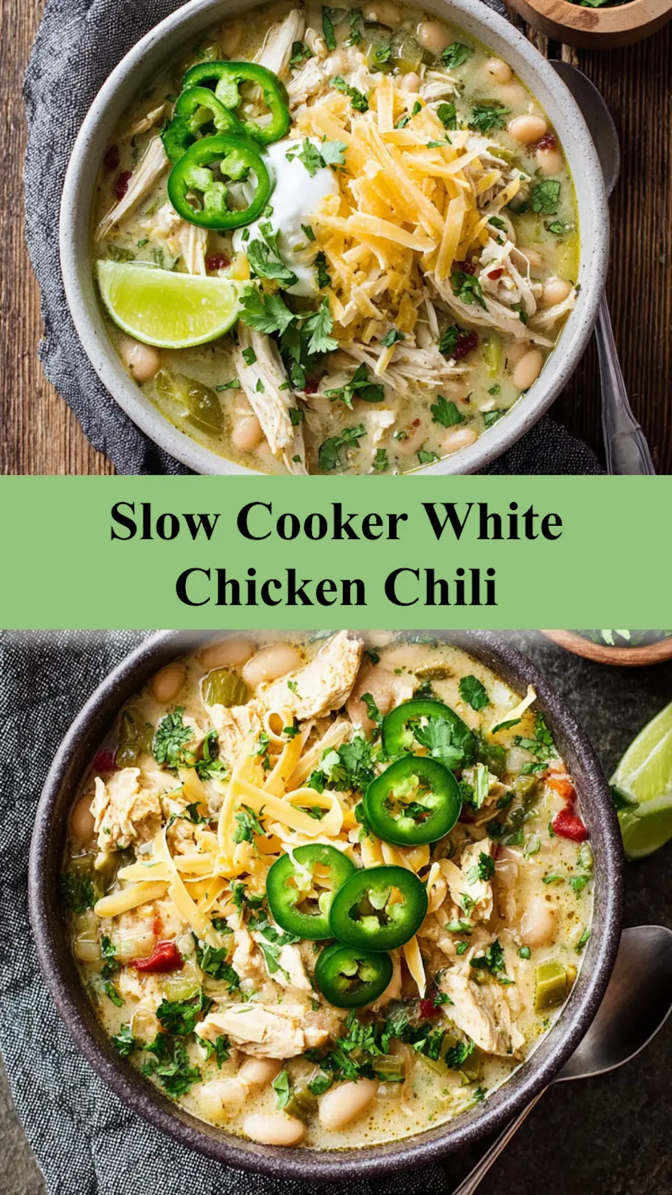 Crockpot White Chicken Chili High Protein recipe, served and ready to eat, easy homemade dinner_pin