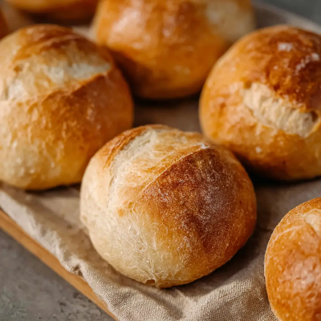 Crusty Chewy French Bread Rolls recipe, served and ready to eat, easy homemade dinner