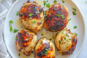 GARLIC BUTTER AIR FRYER CHICKEN THIGHS recipe, served and ready to eat, easy homemade dinner
