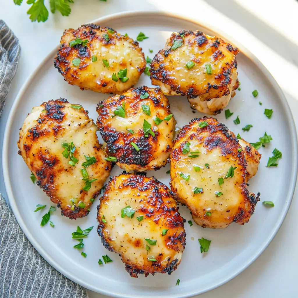 Garlic butter air fryer chicken thighs with crispy golden skin, served and ready to eat