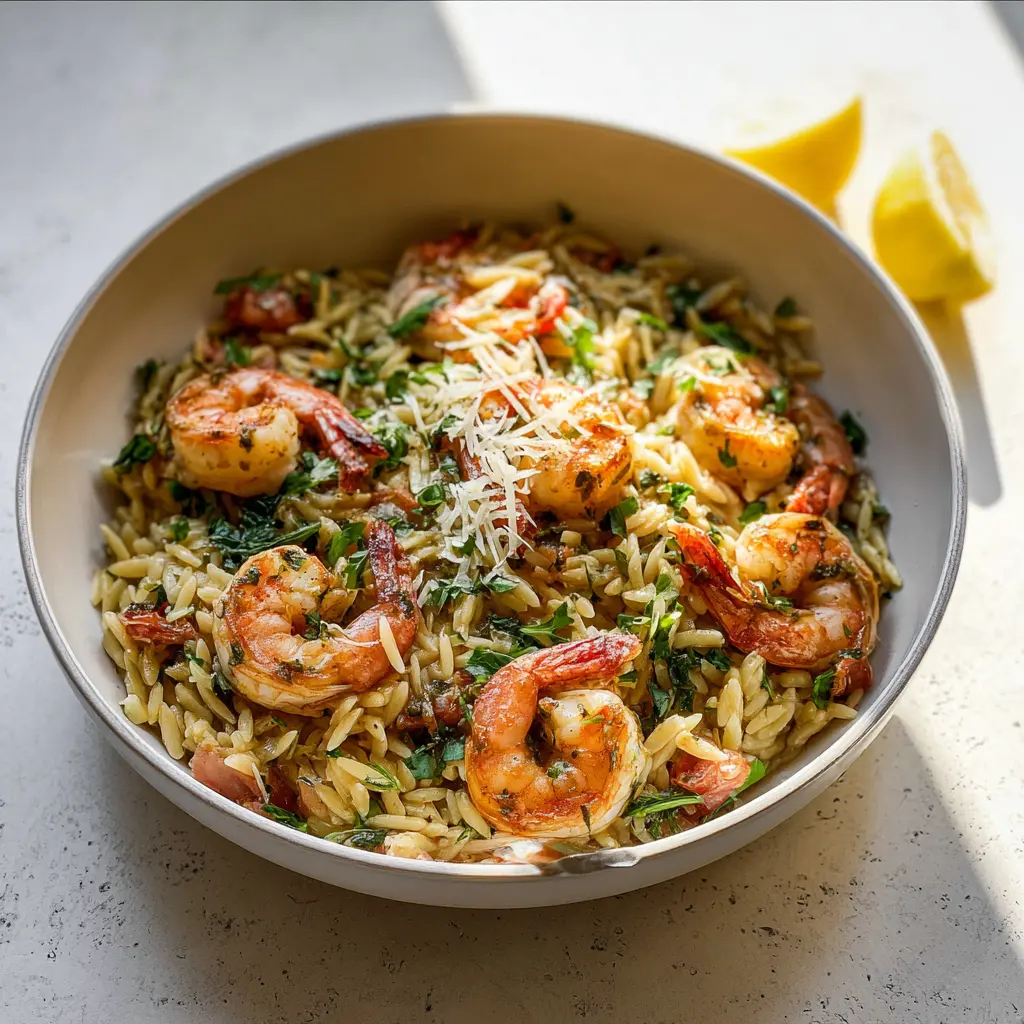 Garlic Butter Shrimp Orzo Bowl served and ready to eat, easy homemade dinner