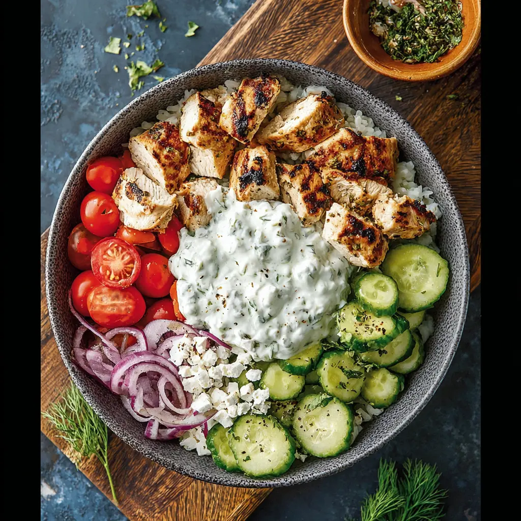 Greek Chicken Bowl Tzatziki recipe, served and ready to eat, easy homemade dish
