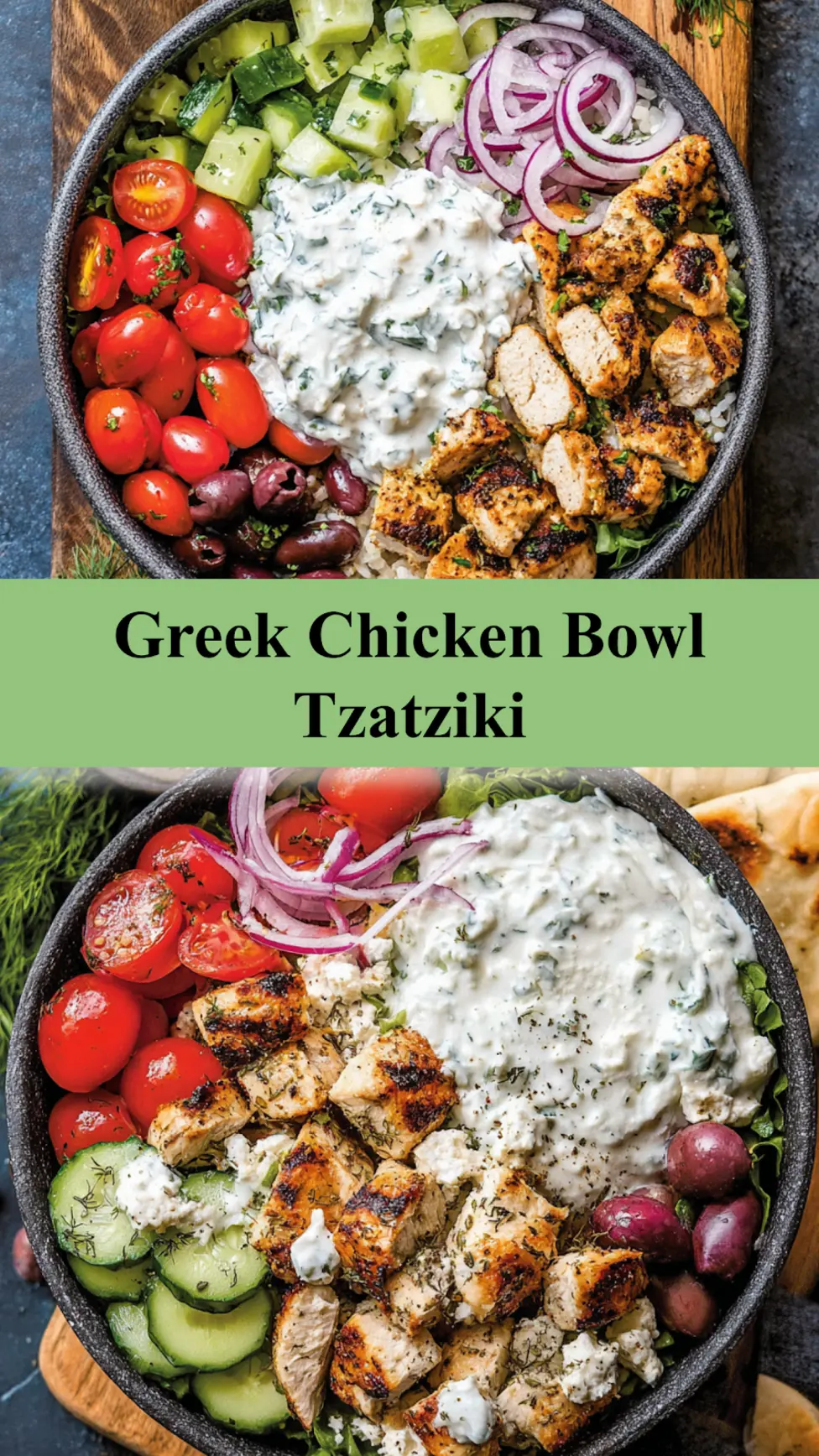 Greek Chicken Bowl Tzatziki recipe, served and ready to eat, easy homemade dish
