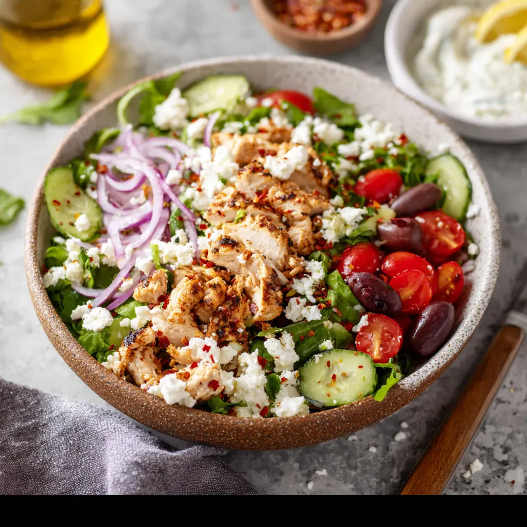 Greek Ground Chicken Bowl recipe, served and ready to eat, easy homemade dish