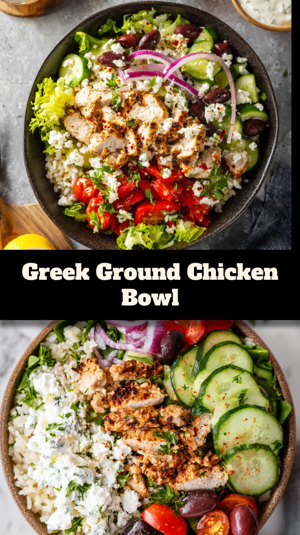 Greek Ground Chicken Bowl recipe, served and ready to eat, easy homemade dish_pin