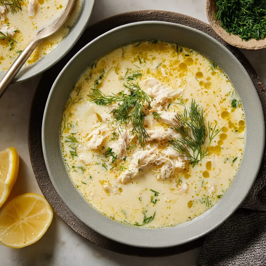Greek Lemon Chicken Soup Avgolemono recipe, served and ready to eat, easy homemade dinner