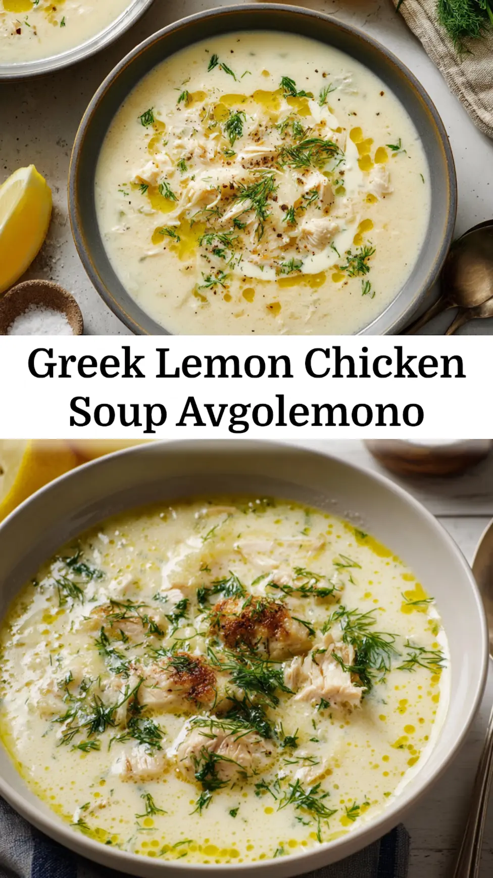 Greek Lemon Chicken Soup Avgolemono recipe, served and ready to eat, easy homemade dinner