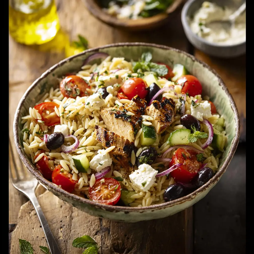 Greek Orzo Salad with Chicken recipe, served and ready to eat, easy homemade dinner