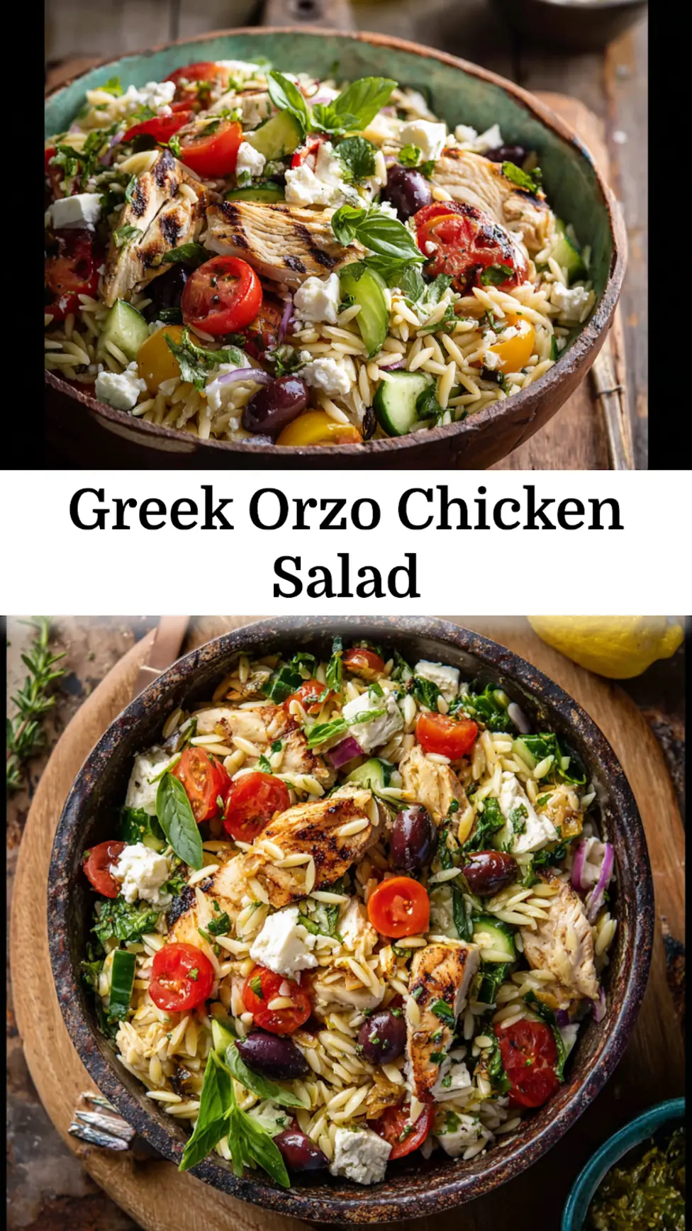 Greek Orzo Salad with Chicken recipe, served and ready to eat, easy homemade dinner_pin