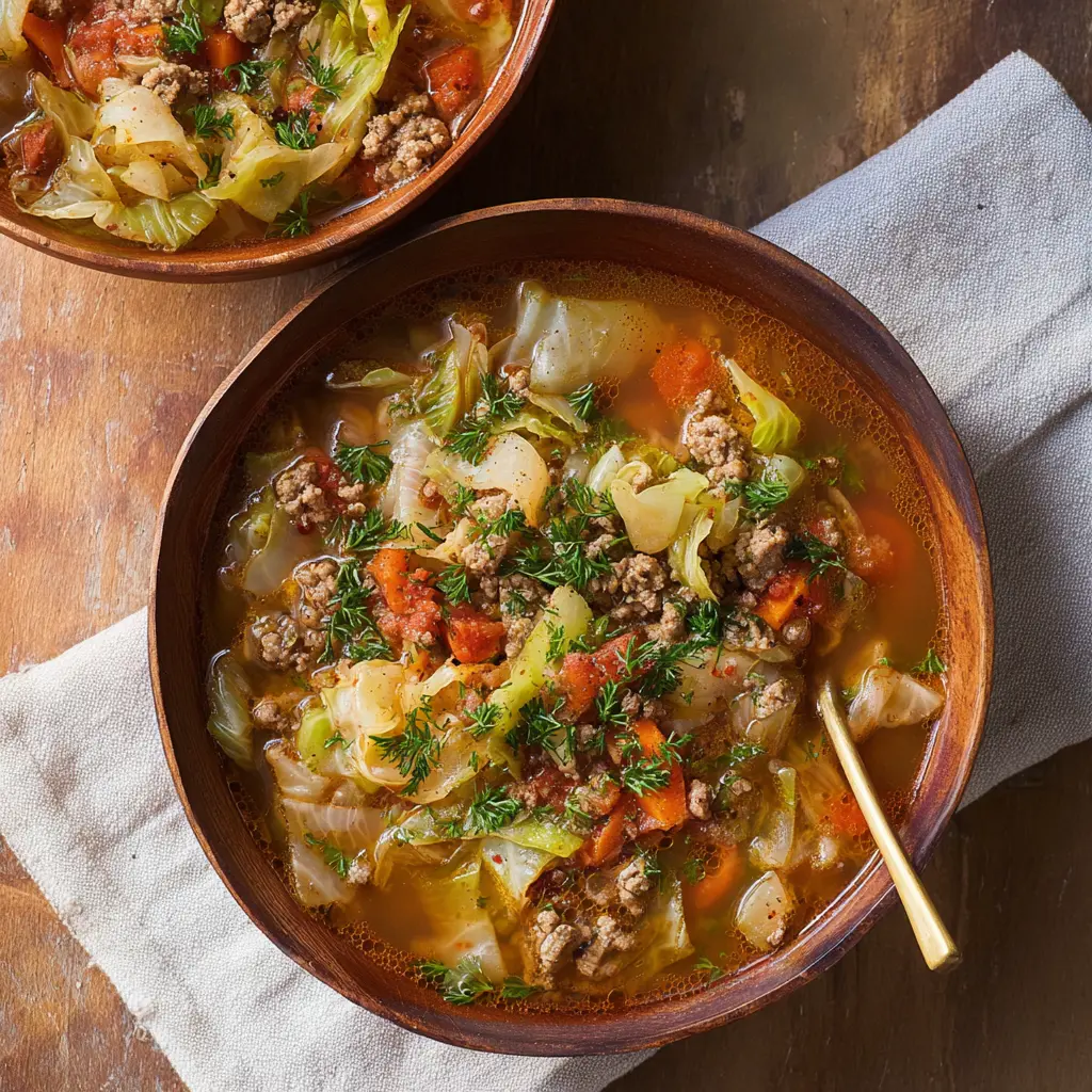 Ground Beef Cabbage Soup recipe, served and ready to eat, easy homemade dinner