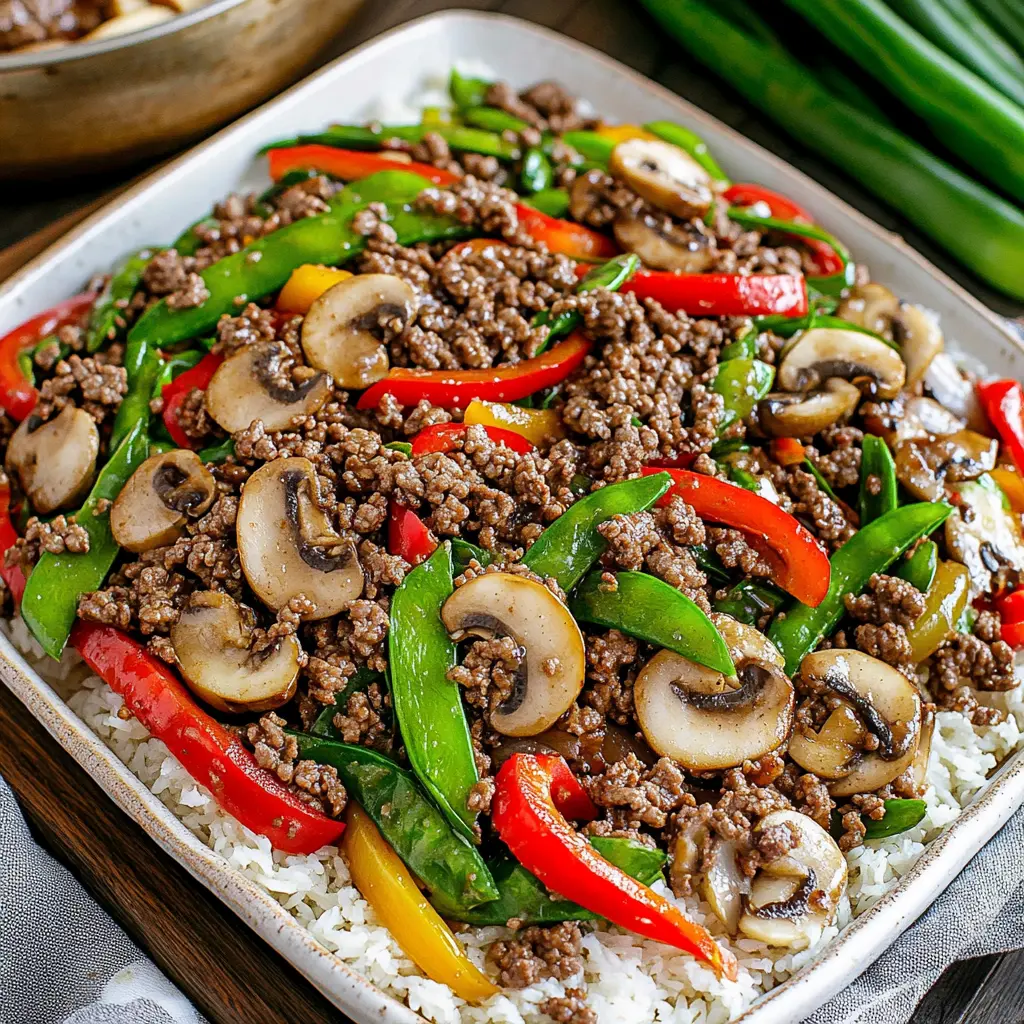 Ground Beef Stir Fry Vegetables recipe, served and ready to eat, easy homemade dinner