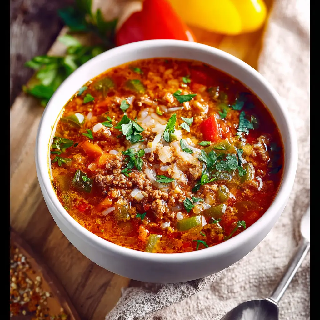 Ground Beef Stuffed Pepper Soup recipe, served and ready to eat, easy homemade dinner