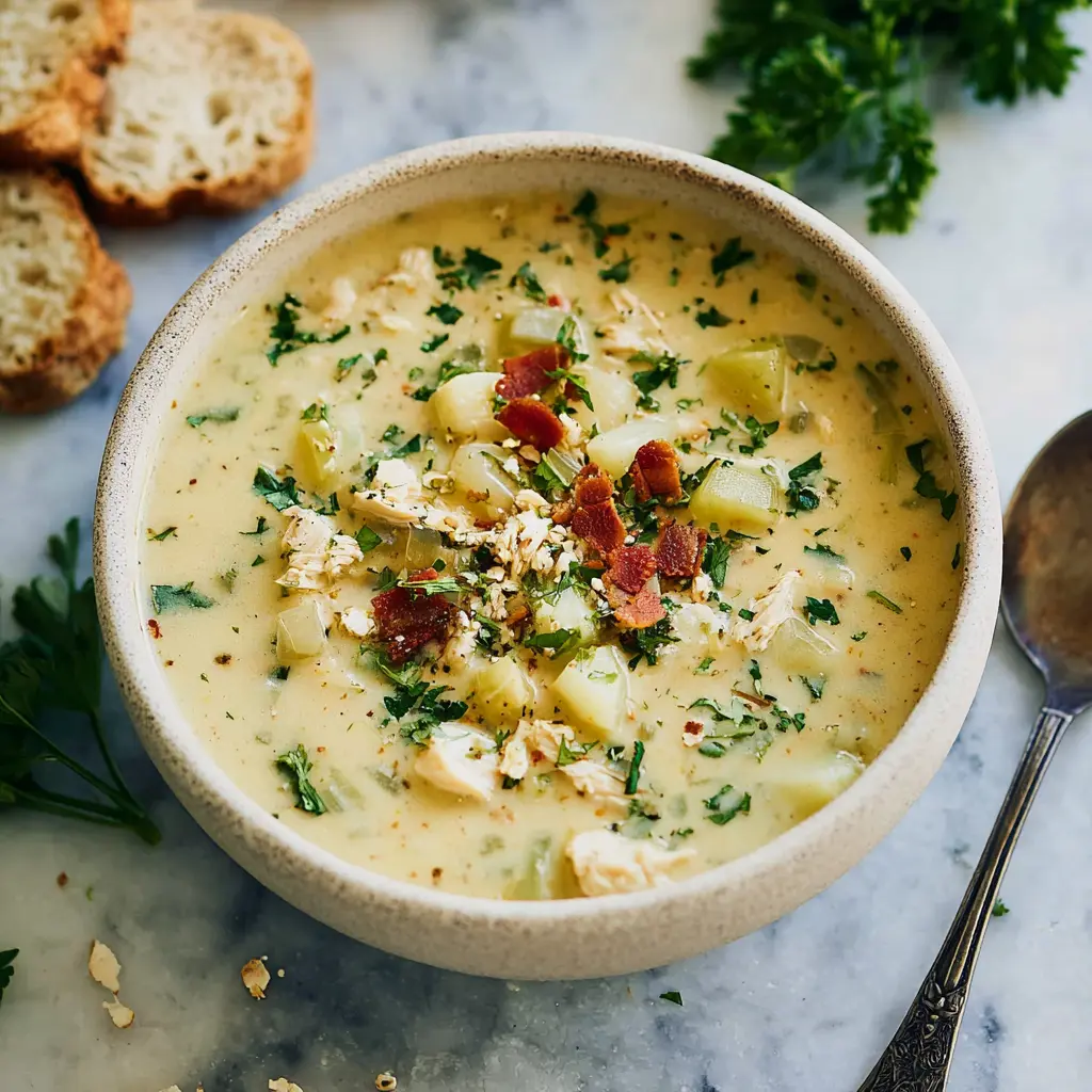 Healthy copycat clam chowder served in a bowl, garnished with fresh flat-leaf parsley, easy homemade dinner