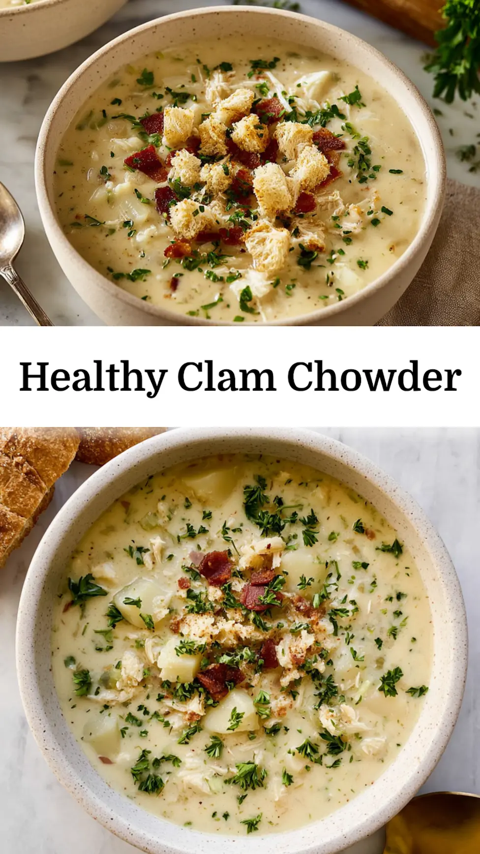 Healthy copycat clam chowder recipe served in a bowl, garnished with parsley, easy homemade dinner