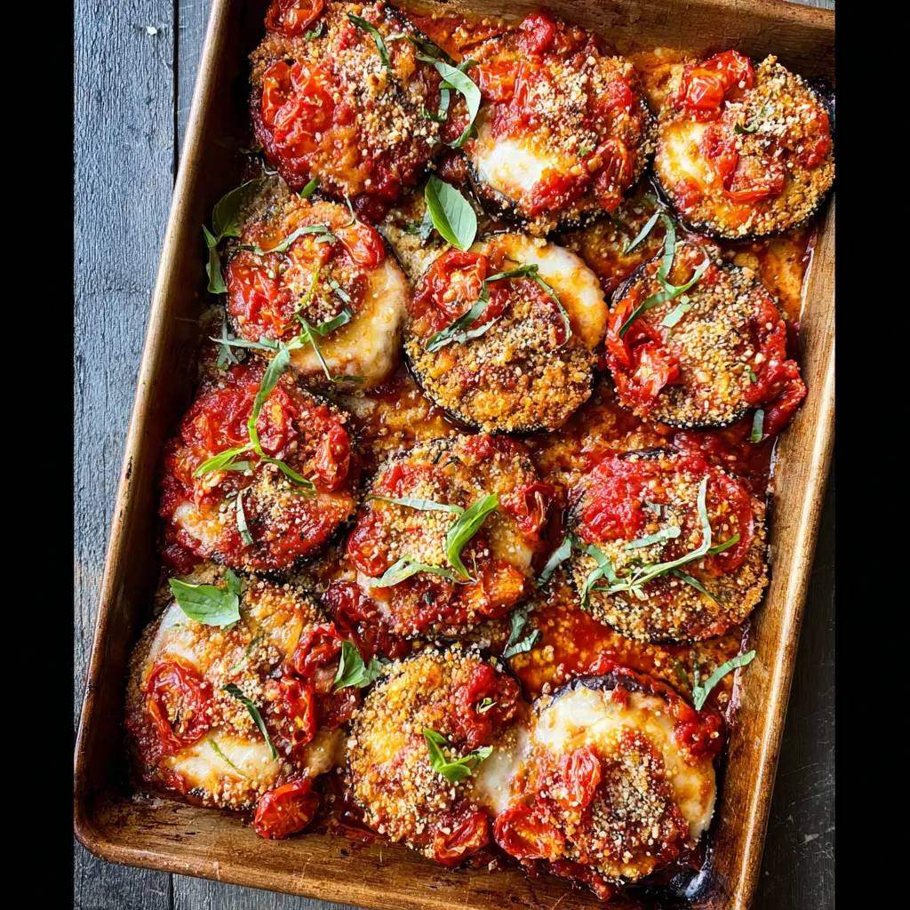 Healthy Sheet Pan Eggplant Parmesan recipe, served and ready to eat, easy homemade dinner