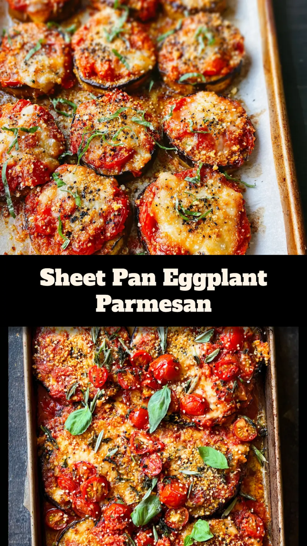 Healthy Sheet Pan Eggplant Parmesan recipe, served and ready to eat, easy homemade dinner