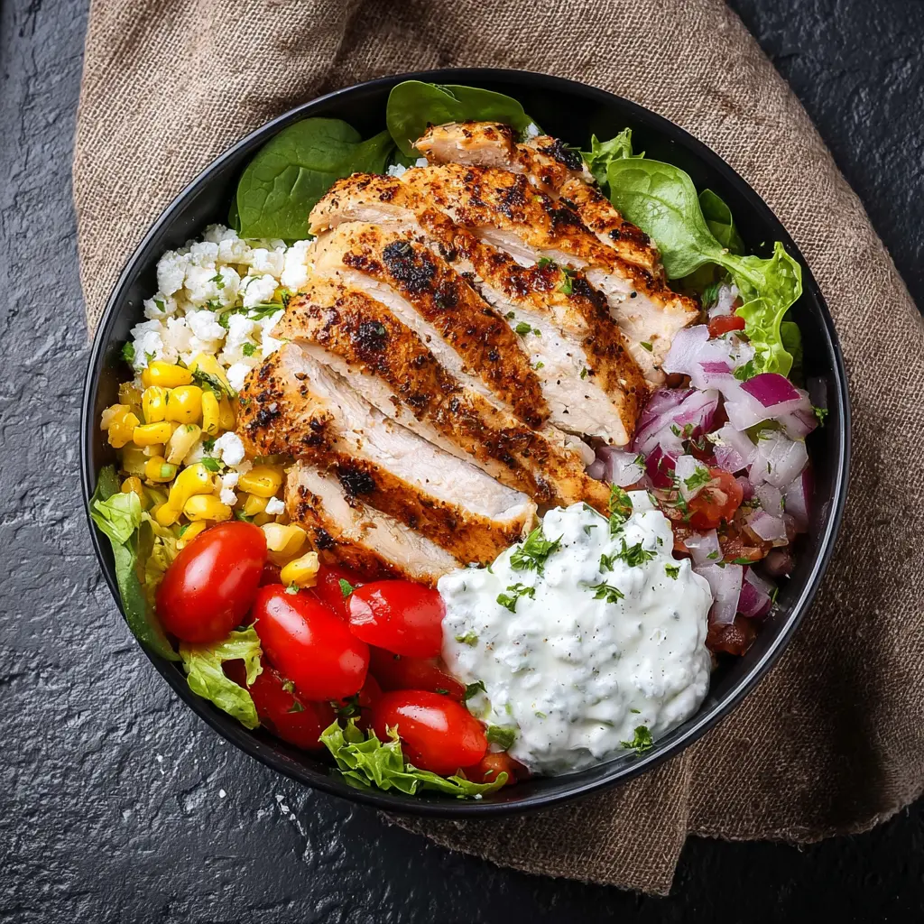 High Protein Chicken Bowl recipe, served and ready to eat, easy homemade dinner