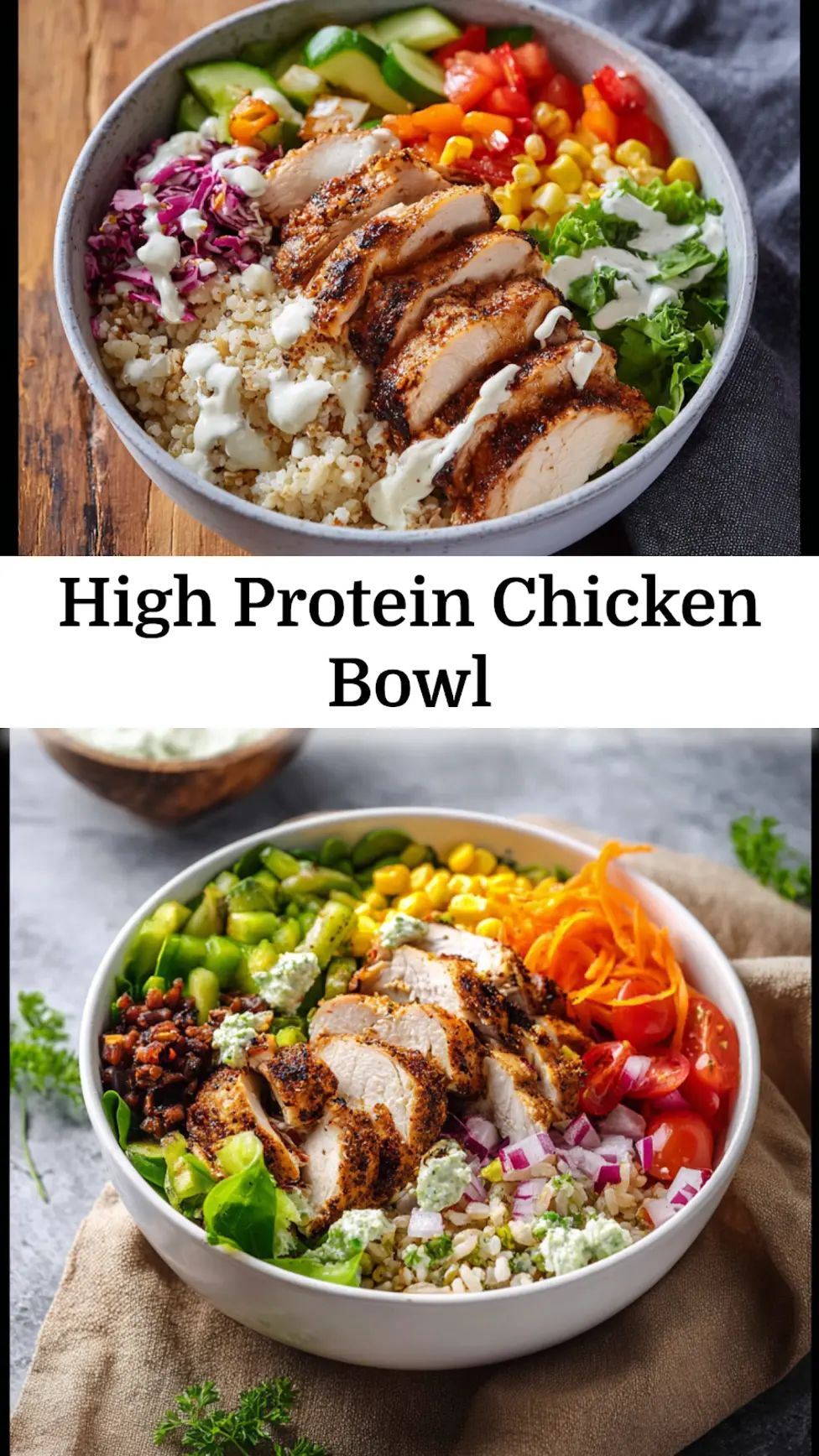 High Protein Chicken Bowl recipe, served and ready to eat, easy homemade dinner
