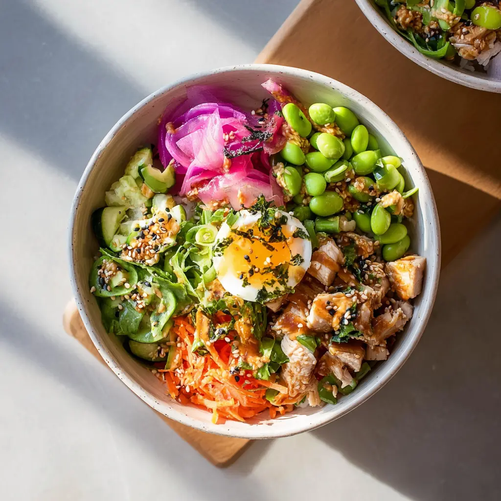 High Protein Chicken Poke Bowl recipe, served and ready to eat, easy homemade dinner