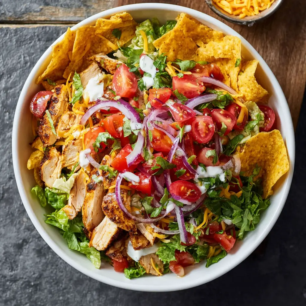 High Protein Chicken Taco Salad Bowl Made Fresh and Satisfying 3 High Protein Chicken Taco Salad Bowl recipe, served and ready to eat, easy homemade dinner