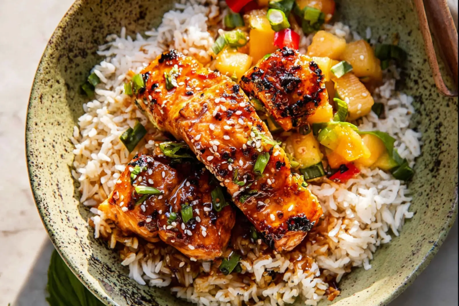 Honey Garlic Salmon Bowl Ginger Rice recipe, served and ready to eat, easy homemade dinner