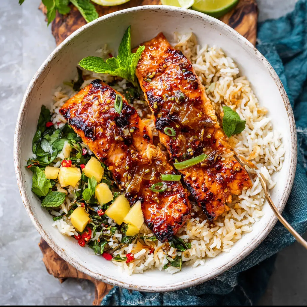 Honey Garlic Salmon Bowl Ginger Rice Your New Favorite Meal 3 Honey Garlic Salmon Bowl Ginger Rice recipe, served and ready to eat, easy homemade dinner