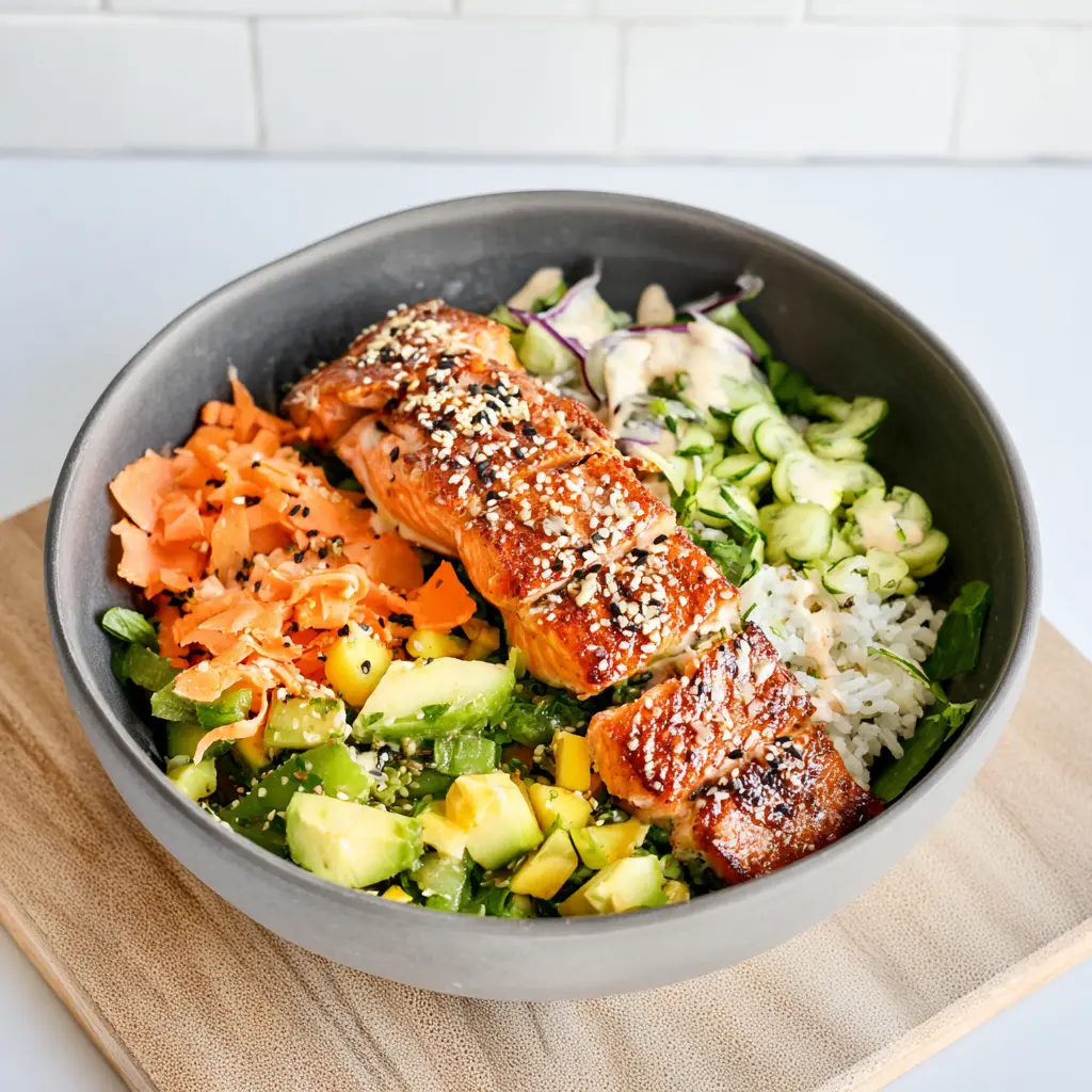 Hot Honey Crispy Salmon Bowl served and ready to eat, easy homemade weeknight dinner
