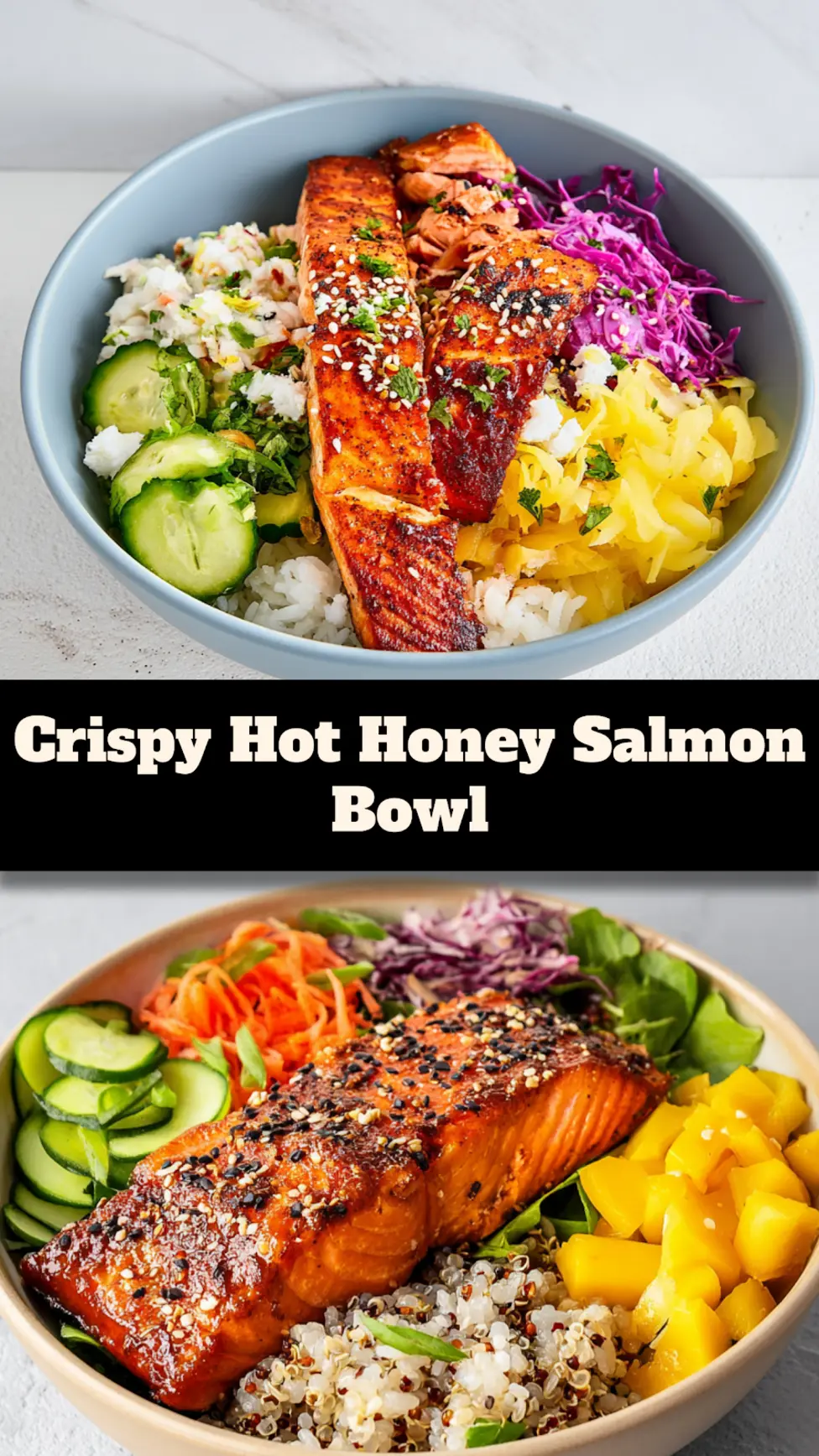 Hot Honey Crispy Salmon Bowl recipe served and ready to eat, easy homemade dinner