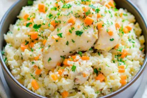 INSTANT POT CHICKEN AND RICE recipe, served and ready to eat, easy homemade dinner