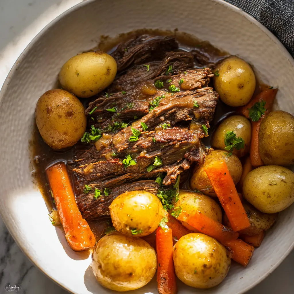 Instant Pot Pot Roast recipe, served and ready to eat, easy homemade dinner