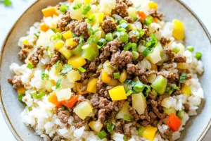 KOREAN GROUND BEEF RICE BOWL recipe, served and ready to eat, easy homemade dinner