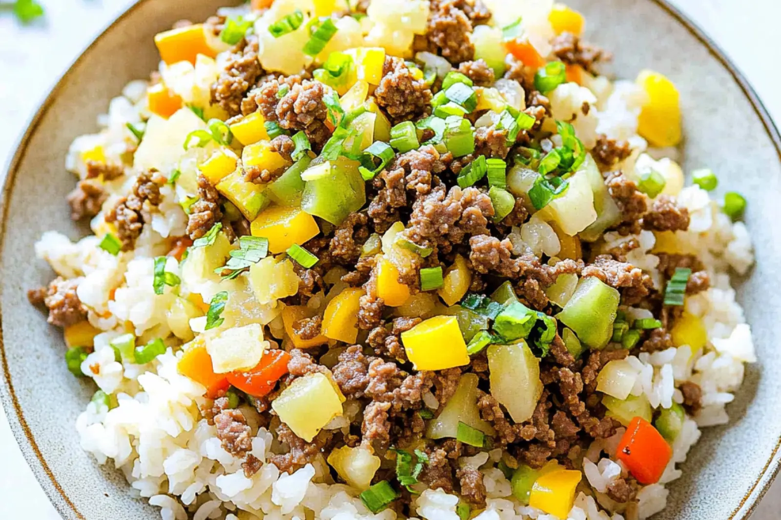 KOREAN GROUND BEEF RICE BOWL recipe, served and ready to eat, easy homemade dinner
